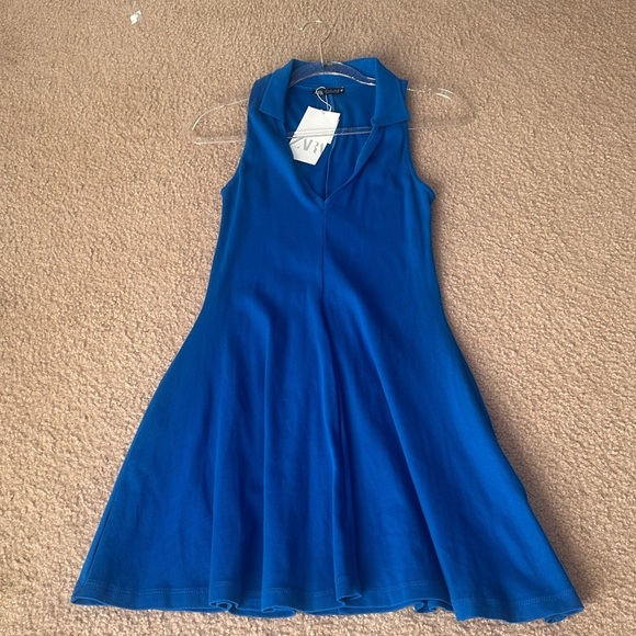 ZARA V-Neck Sleeveless Collared Blue Ribbed Fit & Flare Swing Mini Dress - Picture 3 of 7